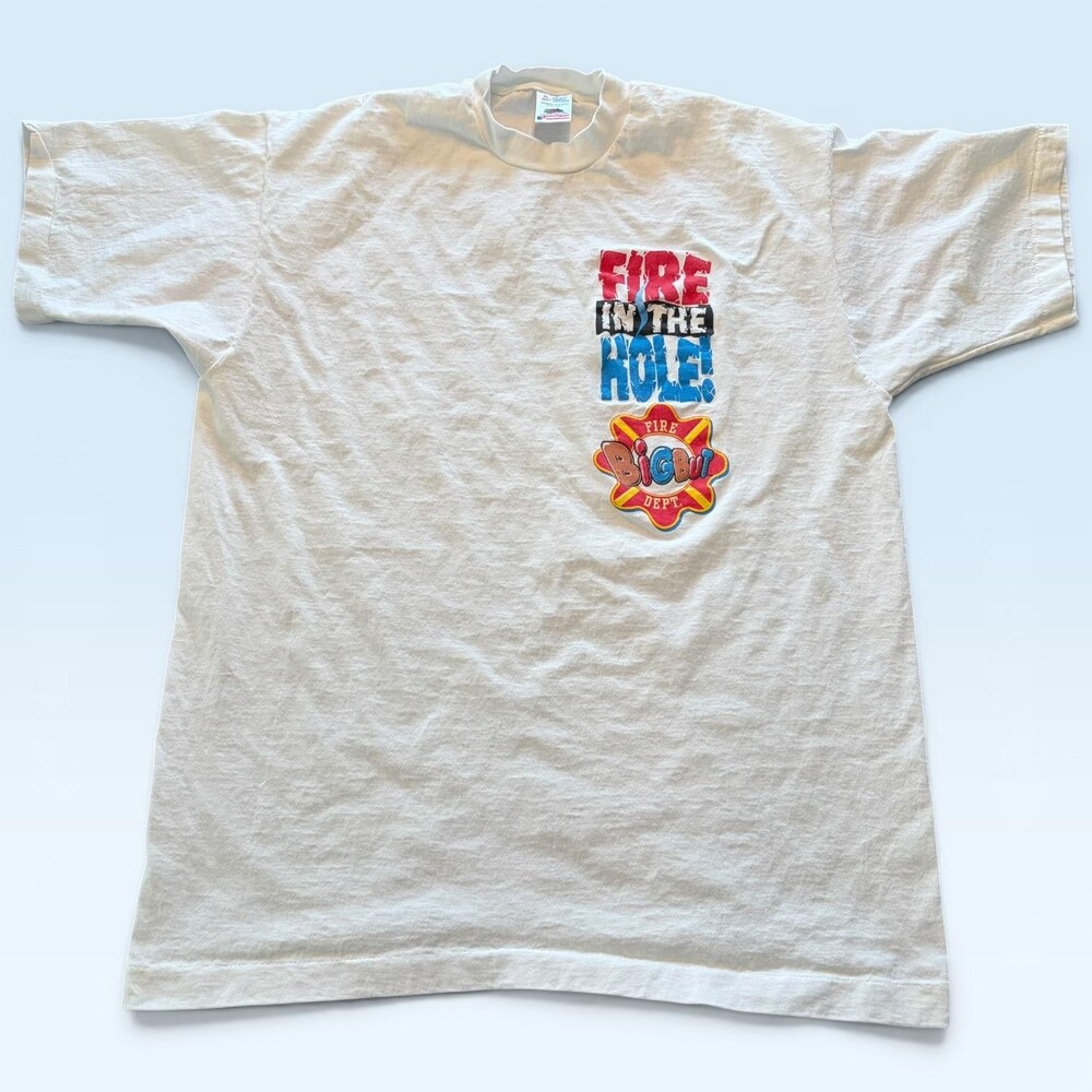 Vintage Fruit Of The Loom Shirt Mens XL White Fire In The Hole BigBut TShirt 90s